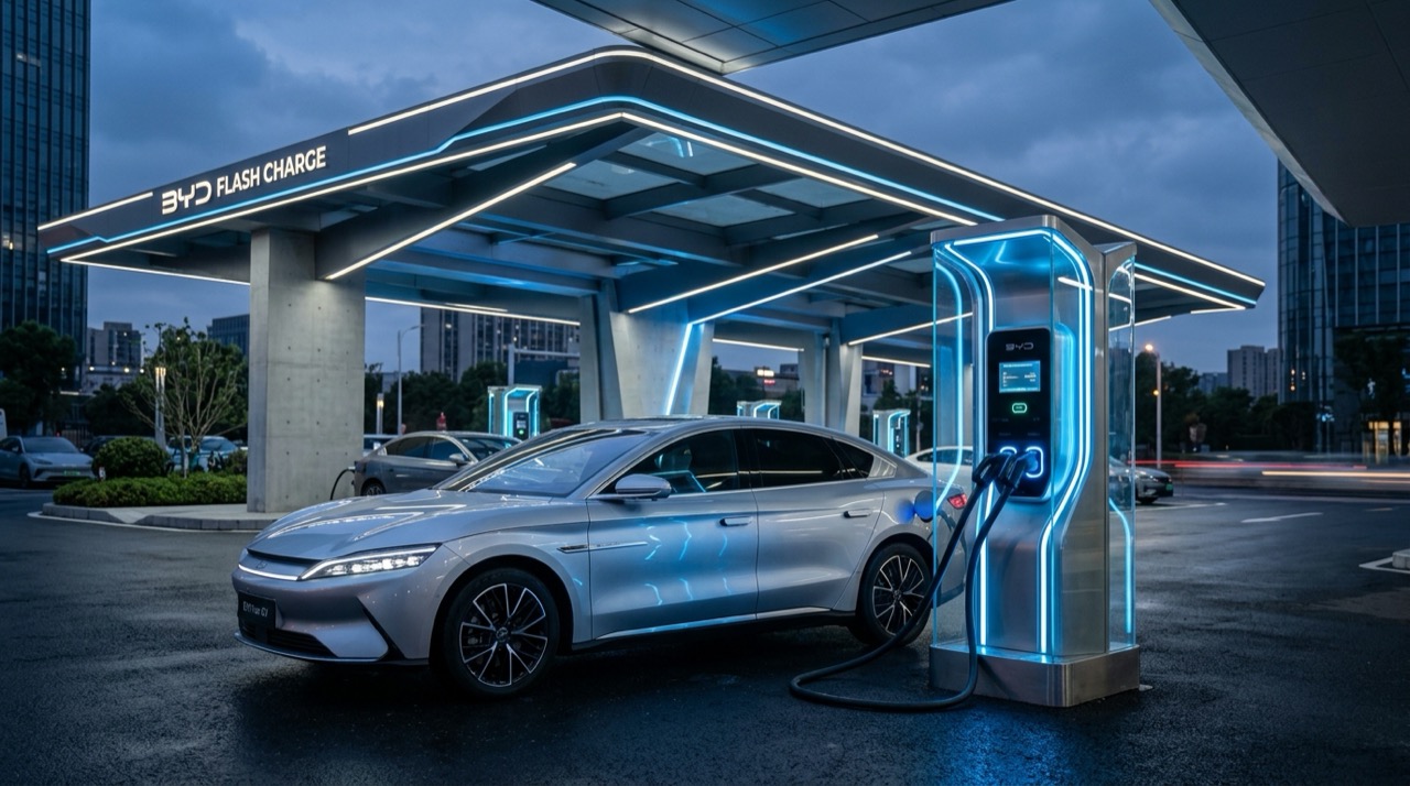 สถานีชาร์จรถยนต์ไฟฟ้ายุคใหม่ BYD Flash Charge ตู้จ่ายไฟดีไซน์ล้ำสมัยพร้อมสายชาร์จหล่อเย็นด้วยของเหลวกำลังเชื่อมต่อเข้ากับพอร์ตชาร์จของรถยนต์ไฟฟ้าหรู