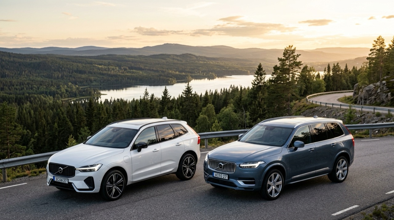 Volvo XC60 สีขาว และ Volvo XC90 สีฟ้าเดนิม รุ่นปี 2027 จอดเคียงข้างกันบนถนนโค้งเลียบทะเลสาบและป่าสนสแกนดิเนเวีย เผยไฟหน้าค้อนทอร์ดีไซน์ใหม่