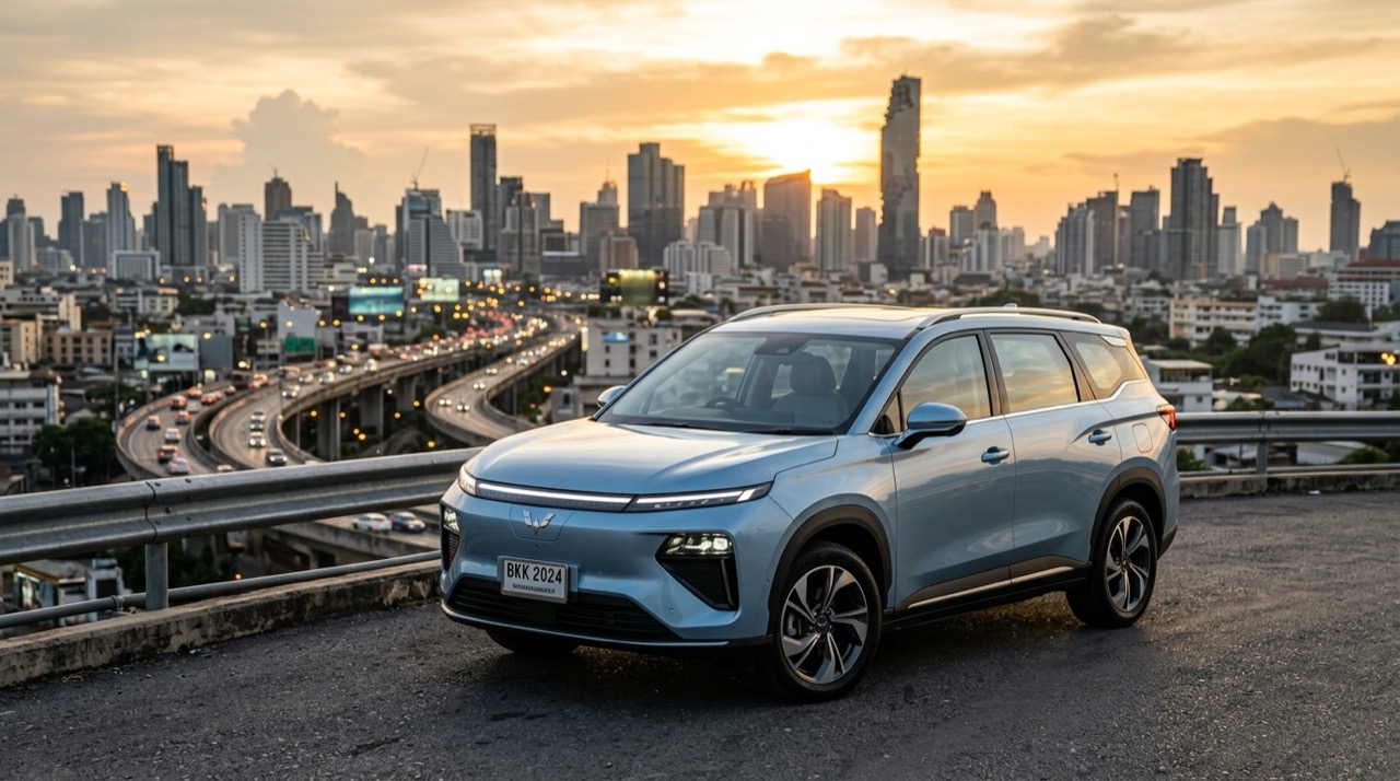 Wuling EKSION EV รถยนต์ไฟฟ้าทรงเอสยูวี 7 ที่นั่ง สีฟ้า Glacier Blue ทันสมัย จอดบนจุดชมวิวทางยกระดับมองเห็นเส้นขอบฟ้าและตึกระฟ้าของกรุงเทพฯ ยามเย็น